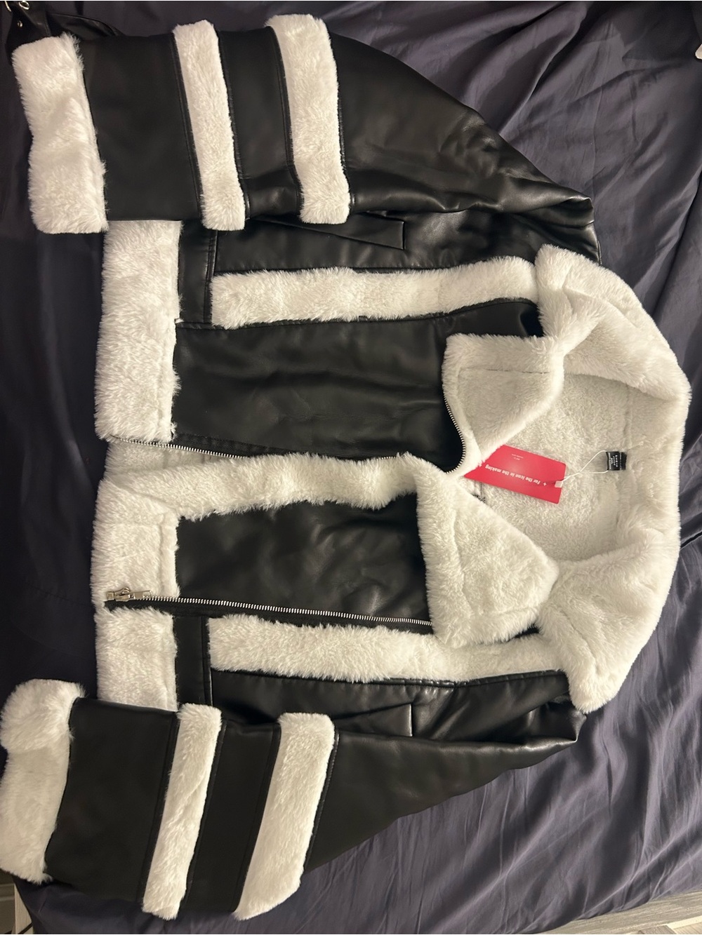 SHEIN Black Faux Leather Teddy Jacket with White Sherpa Trim
